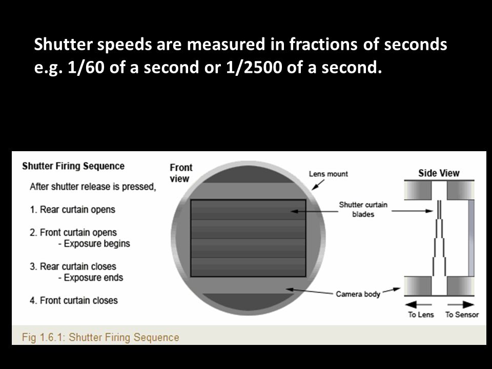 Shutter speeds are measured in fractions of seconds e. g