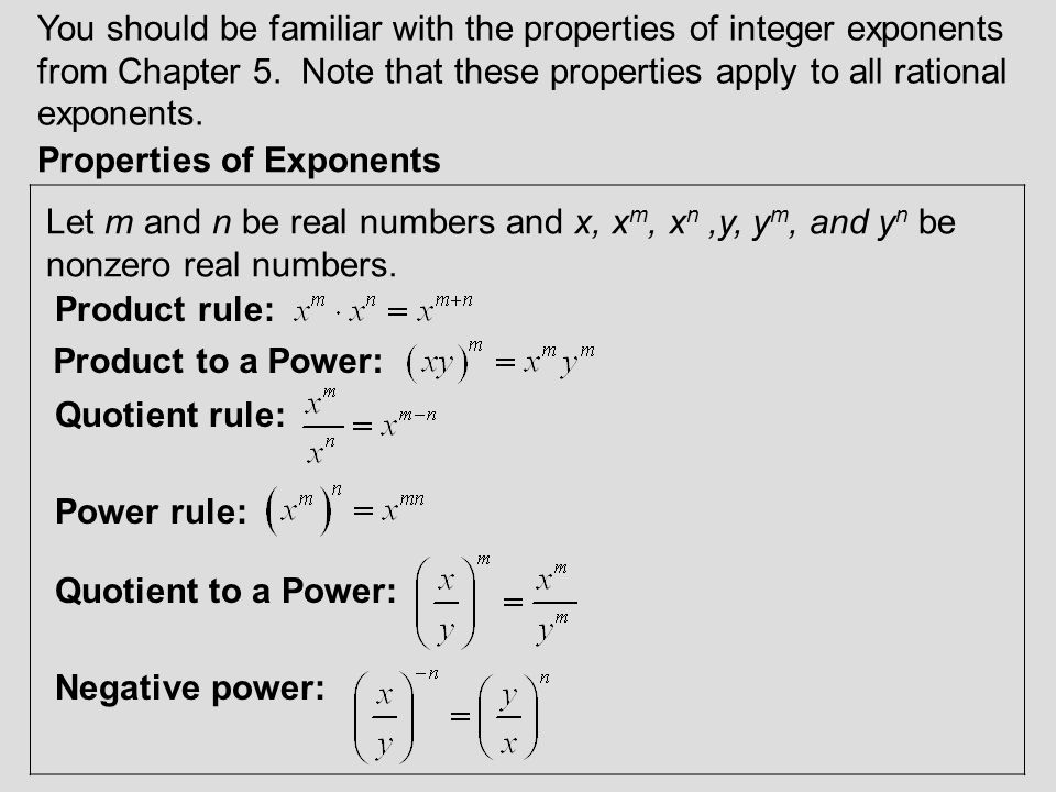 You should be familiar with the properties of integer exponents from Chapter 5. Note that these properties apply to all rational exponents.