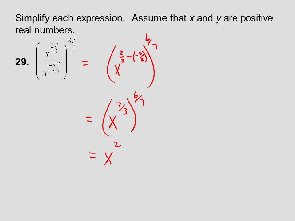 Simplify each expression. Assume that x and y are positive real numbers.
