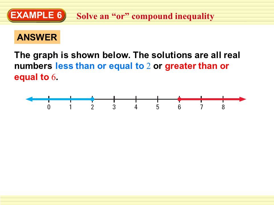 EXAMPLE 6 Solve an or compound inequality. ANSWER.