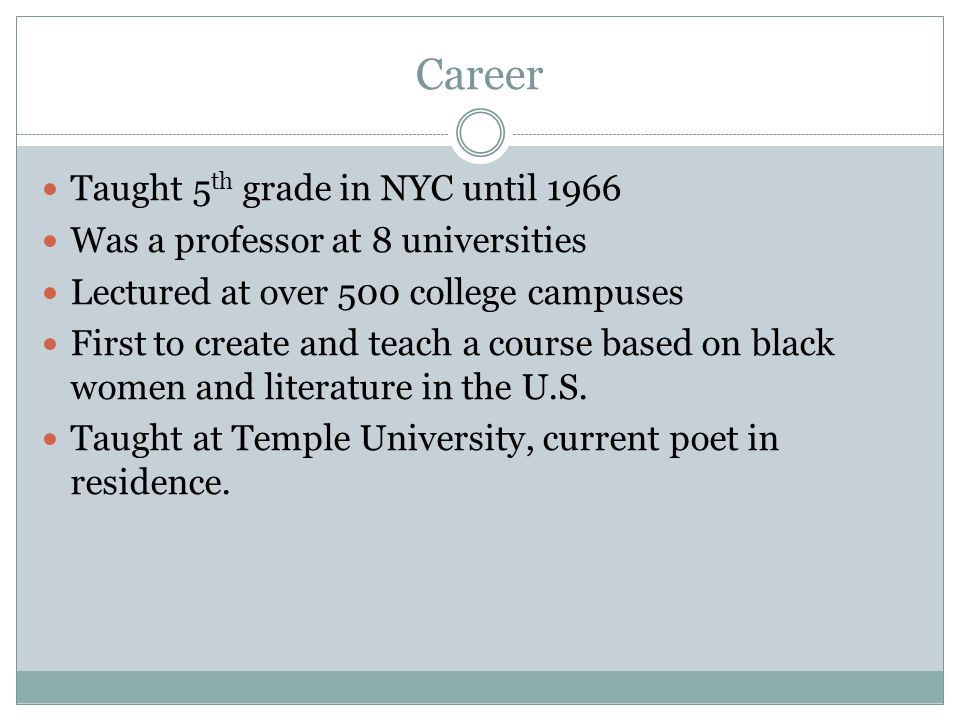 Career Taught 5th grade in NYC until 1966