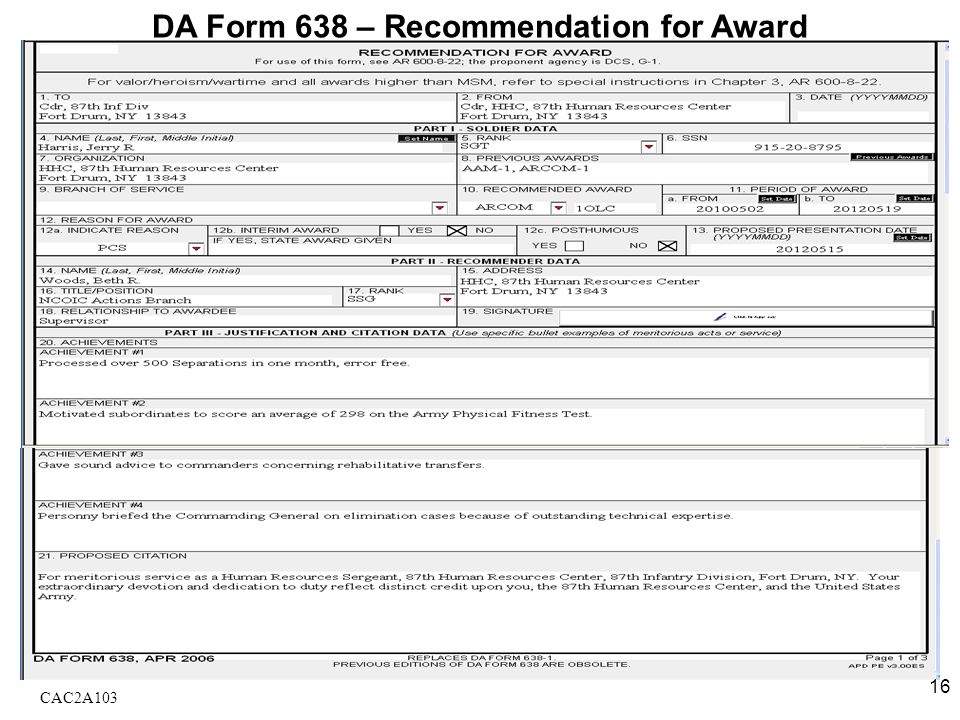 DA Form 638 - Recommendation for Award.