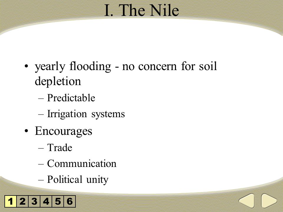 I. The Nile yearly flooding - no concern for soil depletion Encourages