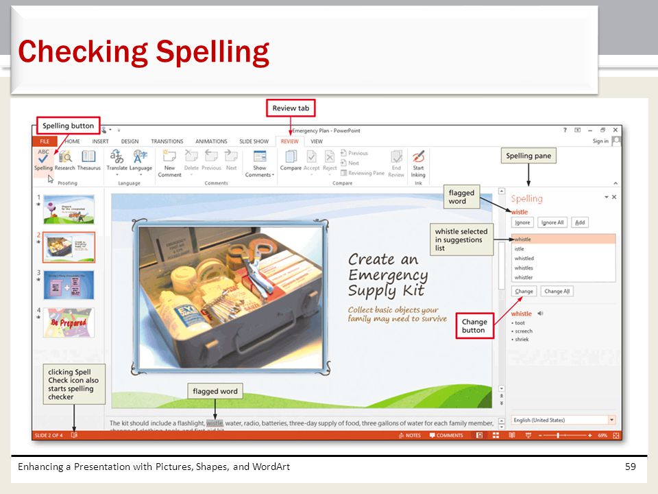 Checking Spelling Enhancing a Presentation with Pictures, Shapes, and WordArt