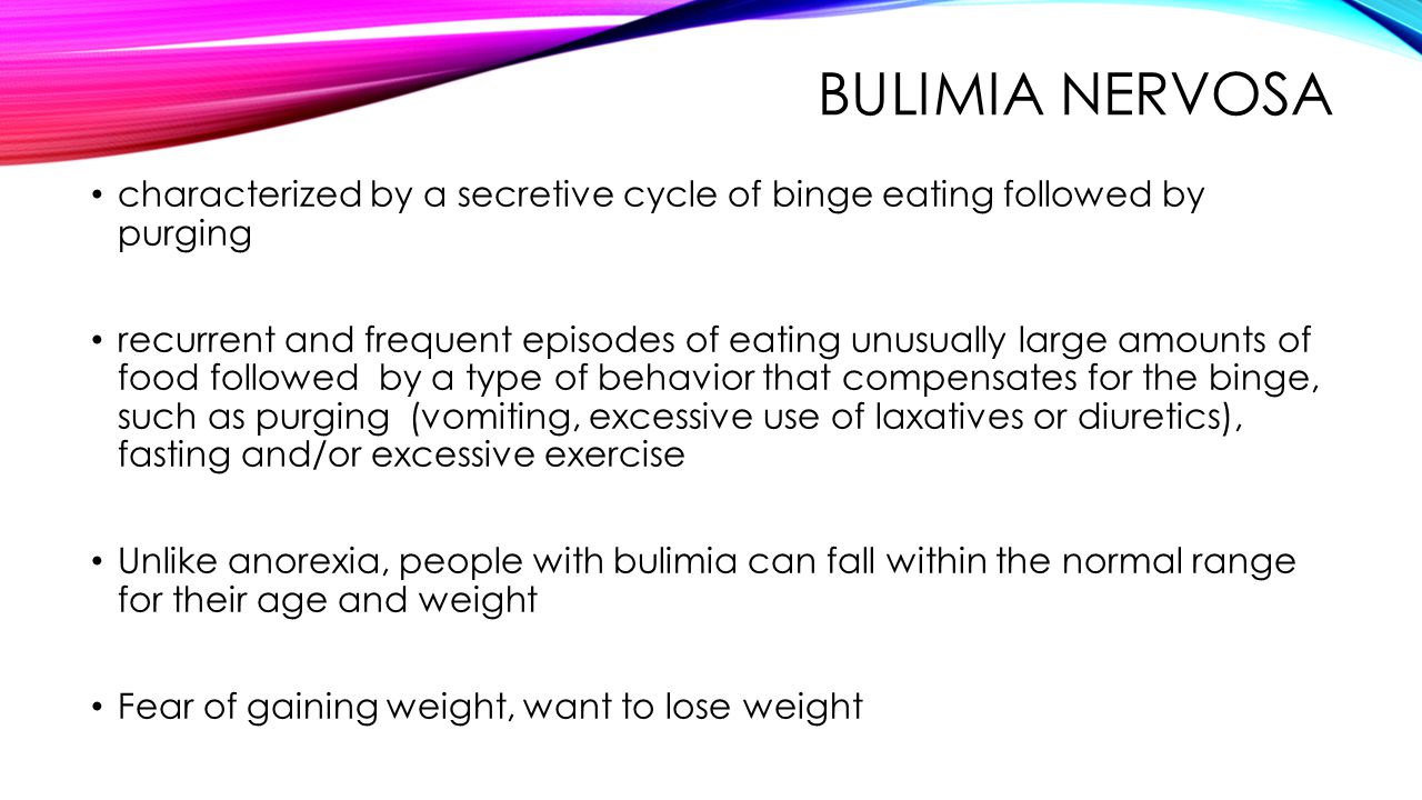 Bulimia nervosa characterized by a secretive cycle of binge eating followed by purging.