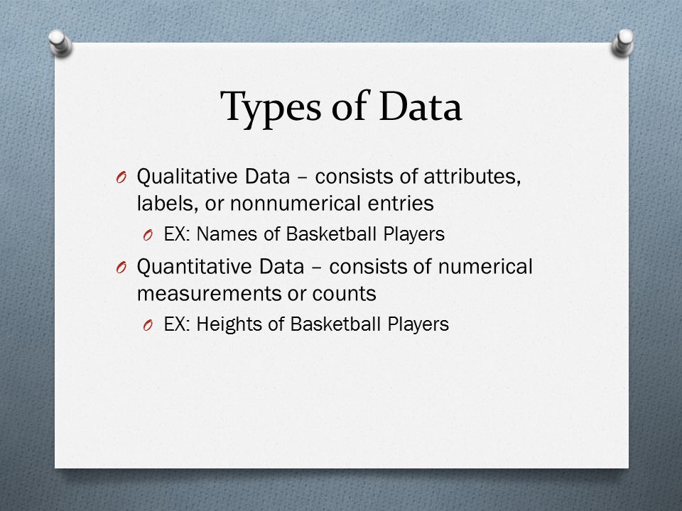 Types of Data Qualitative Data – consists of attributes, labels, or nonnumerical entries. EX: Names of Basketball Players.