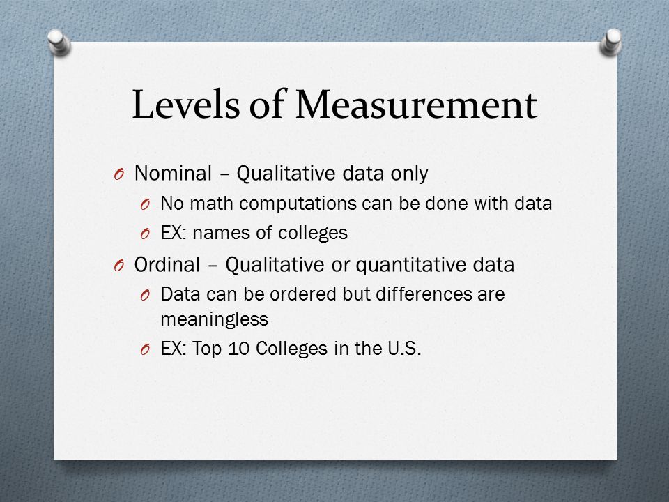 Levels of Measurement Nominal – Qualitative data only
