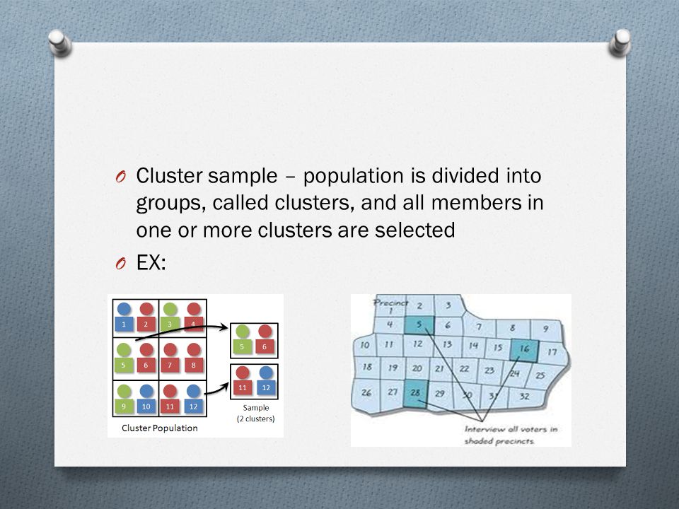 Cluster sample – population is divided into groups, called clusters, and all members in one or more clusters are selected