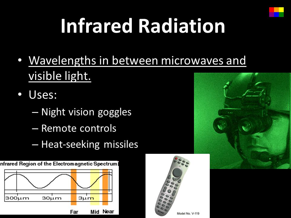 Infrared Radiation Wavelengths in between microwaves and visible light. Uses: Night vision goggles.