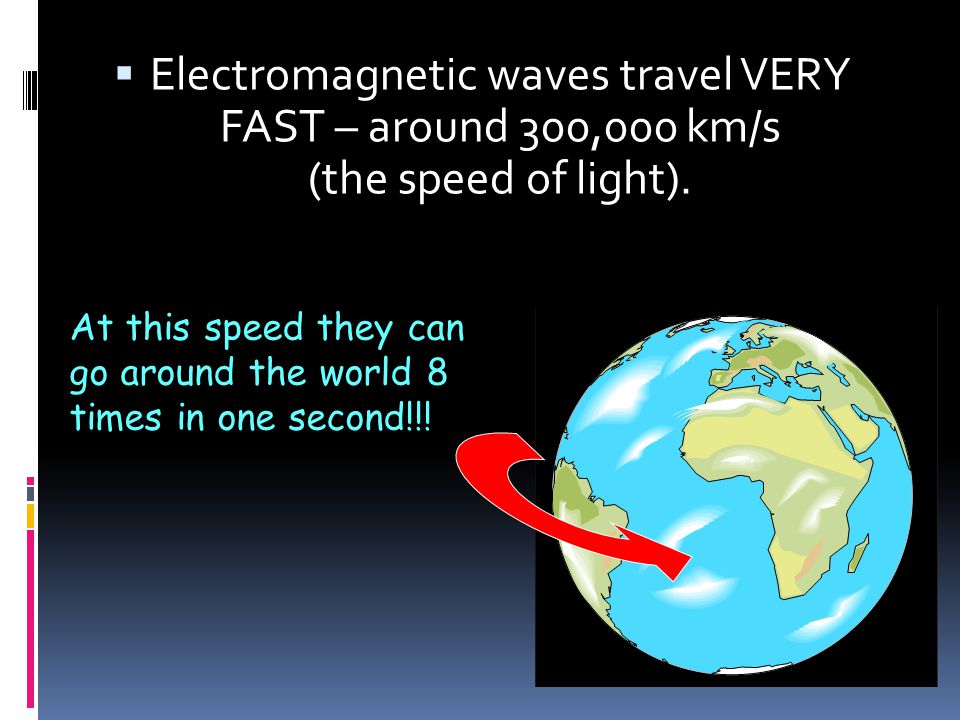 Electromagnetic waves travel VERY FAST – around 300,000 km/s (the speed of light).