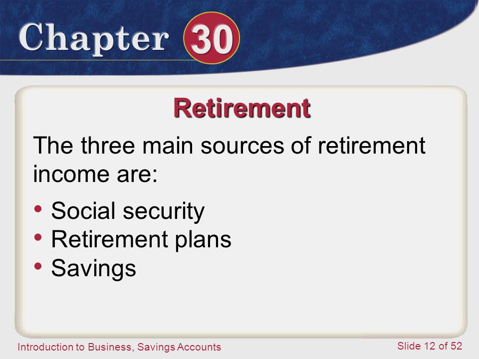Retirement The three main sources of retirement income are: