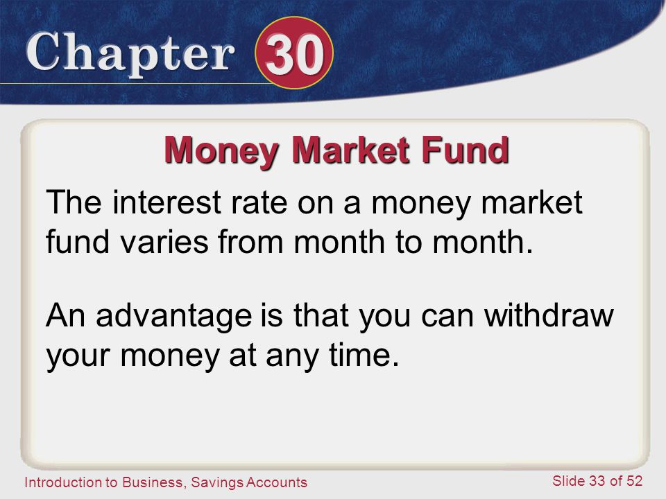 Money Market Fund The interest rate on a money market fund varies from month to month.