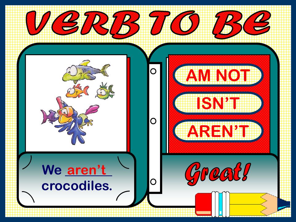 VERB TO BE AM NOT ISN’T AREN’T We _______ crocodiles. aren’t Great!