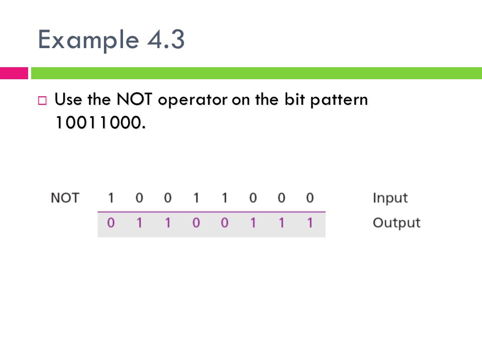 Example 4.3 Use the NOT operator on the bit pattern