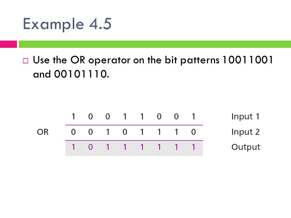 Example 4.5 Use the OR operator on the bit patterns and