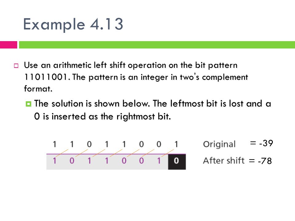 Example 4.13 Use an arithmetic left shift operation on the bit pattern The pattern is an integer in two’s complement format.