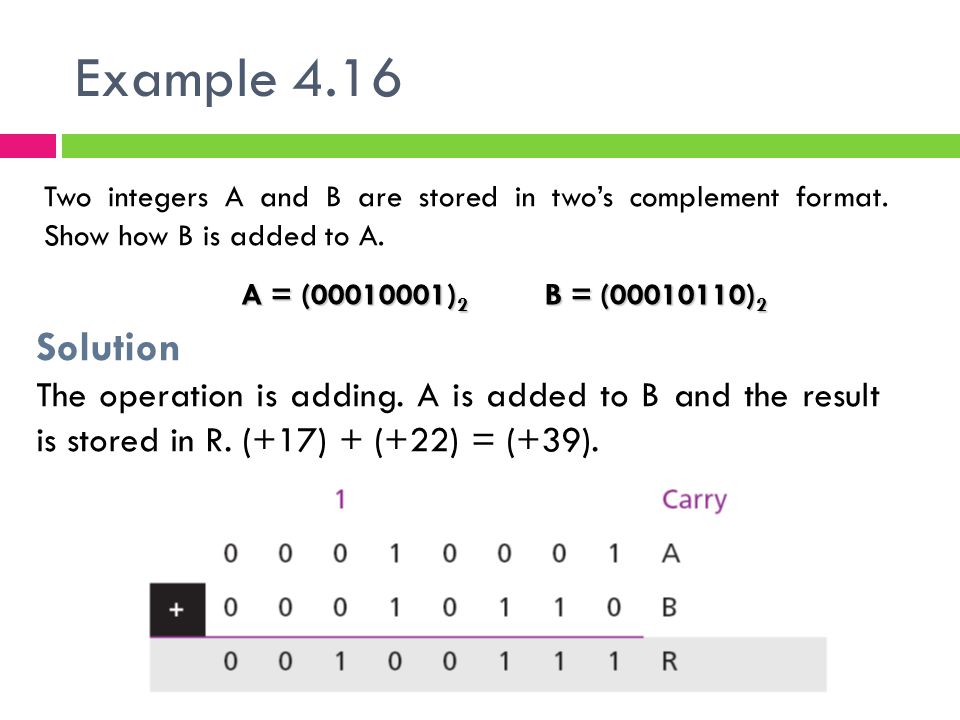 Example 4.16 Two integers A and B are stored in two’s complement format. Show how B is added to A. A = ( )2 B = ( )2.