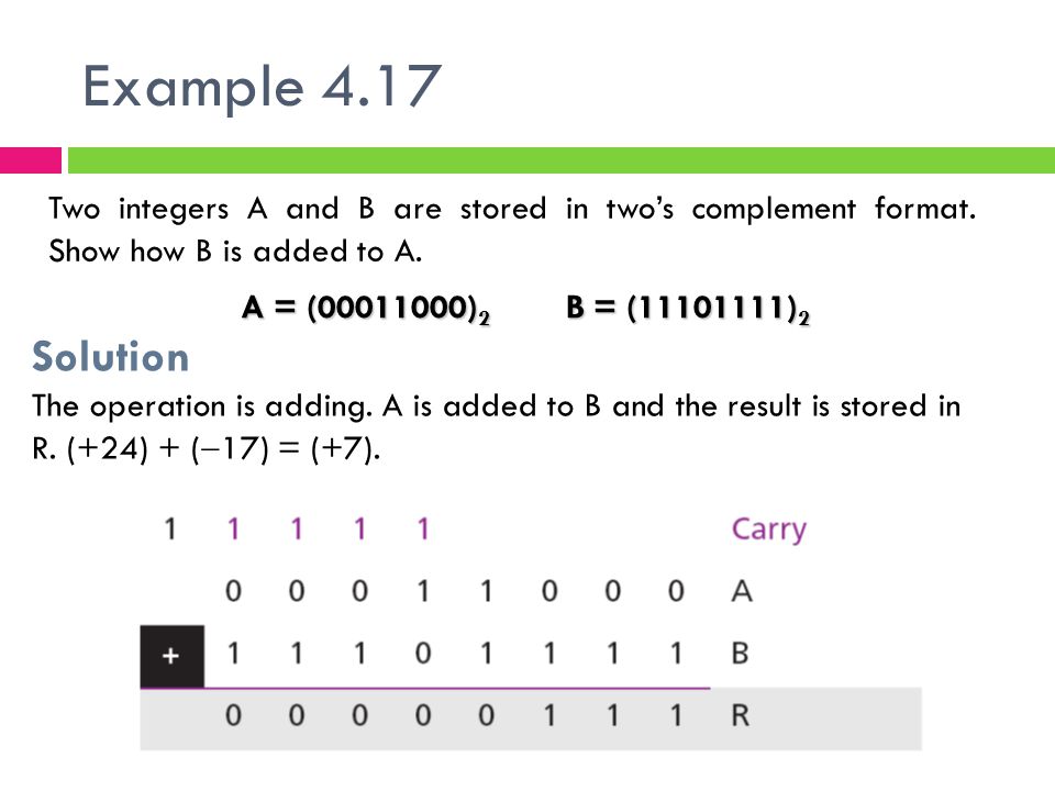 Example 4.17 Two integers A and B are stored in two’s complement format. Show how B is added to A. A = ( )2 B = ( )2.