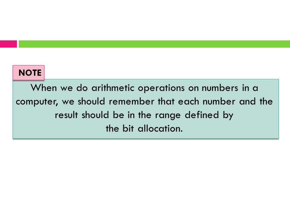 NOTE When we do arithmetic operations on numbers in a computer, we should remember that each number and the result should be in the range defined by.
