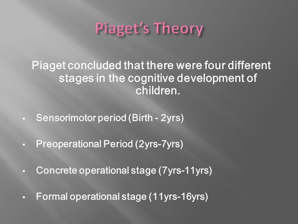 Piaget’s Theory Piaget concluded that there were four different stages in the cognitive development of children.