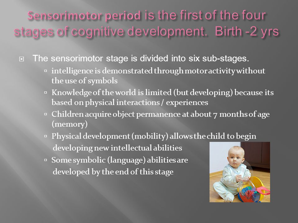 Sensorimotor period is the first of the four stages of cognitive development. Birth -2 yrs