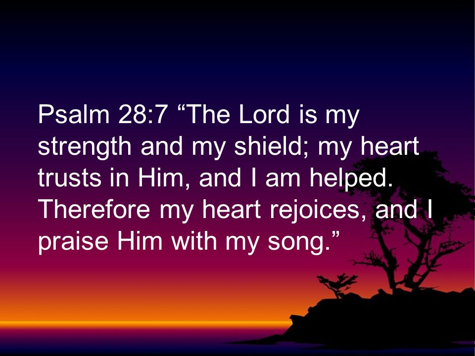 Psalm 28:7 The Lord is my strength and my shield; my heart trusts in Him, and I am helped.