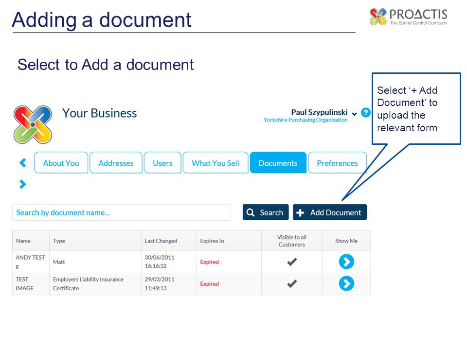 Adding a document Select to Add a document