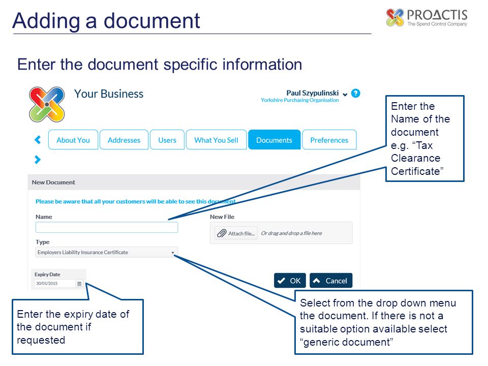 Adding a document Enter the document specific information
