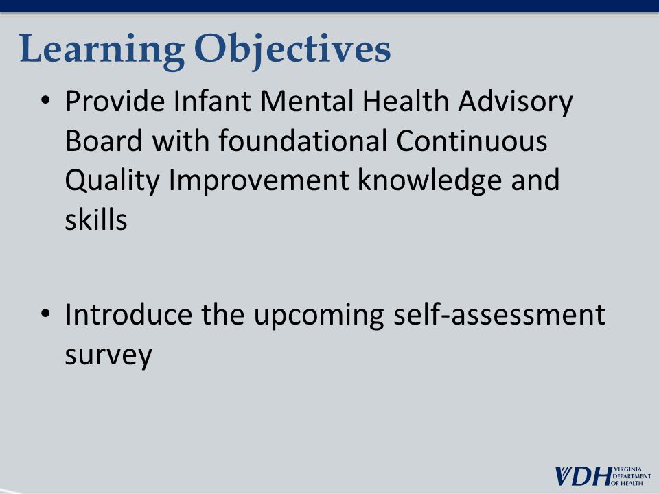 Learning Objectives Provide Infant Mental Health Advisory Board with foundational Continuous Quality Improvement knowledge and skills.