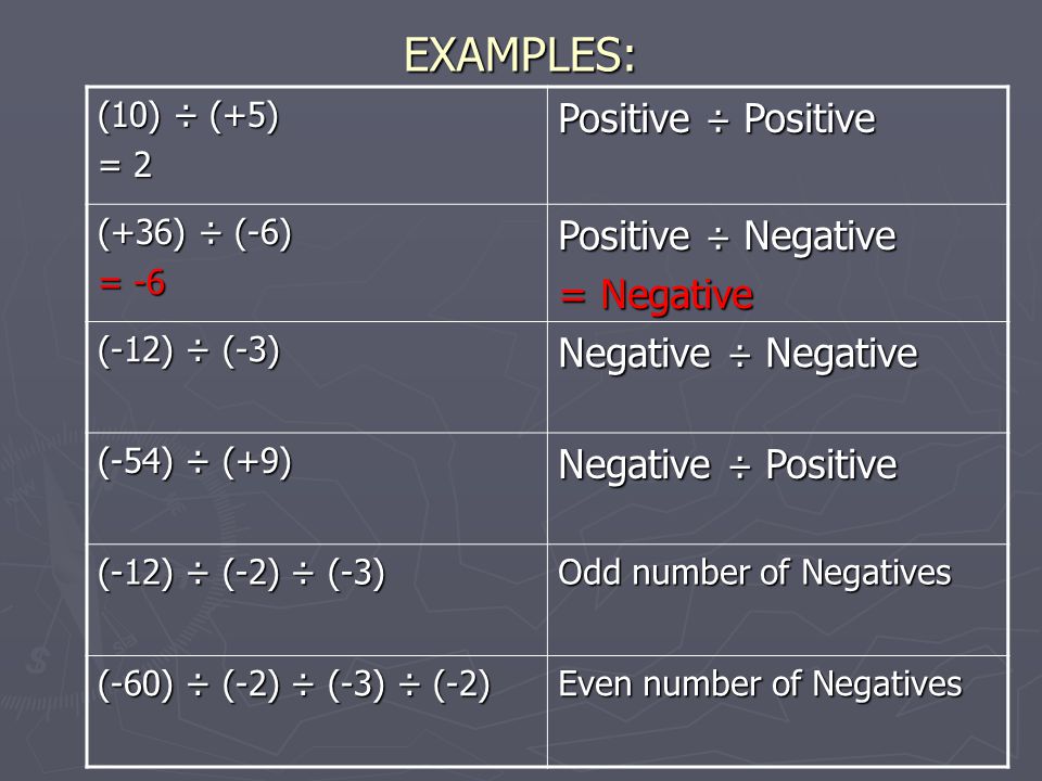 EXAMPLES: Positive ÷ Positive Positive ÷ Negative = Negative