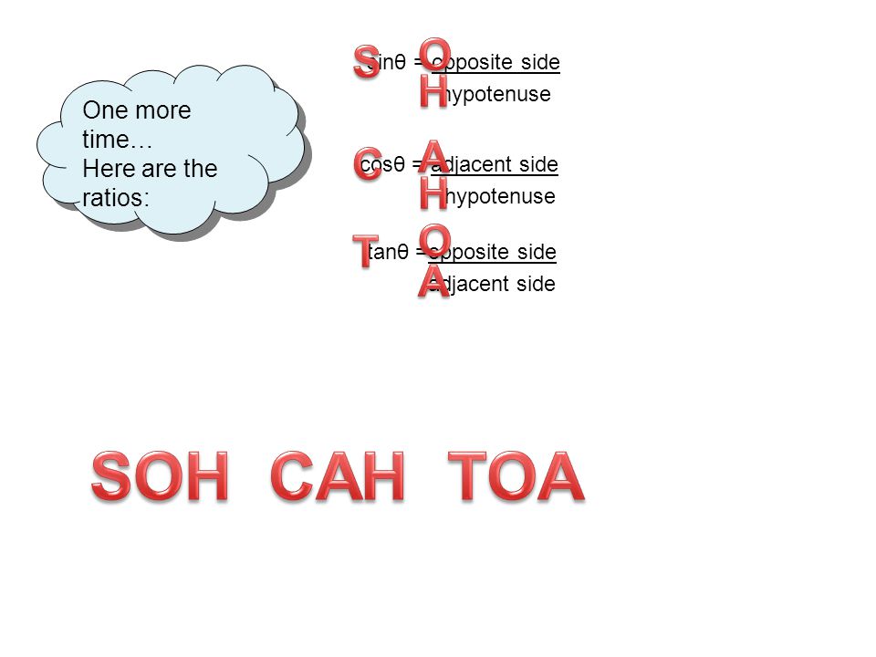 SOH CAH TOA O S H A C H O T A One more time… Here are the ratios: