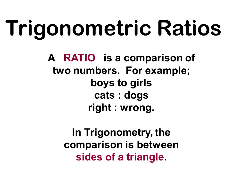 Trigonometric Ratios A RATIO is a comparison of two numbers. For example; boys to girls. cats : dogs.