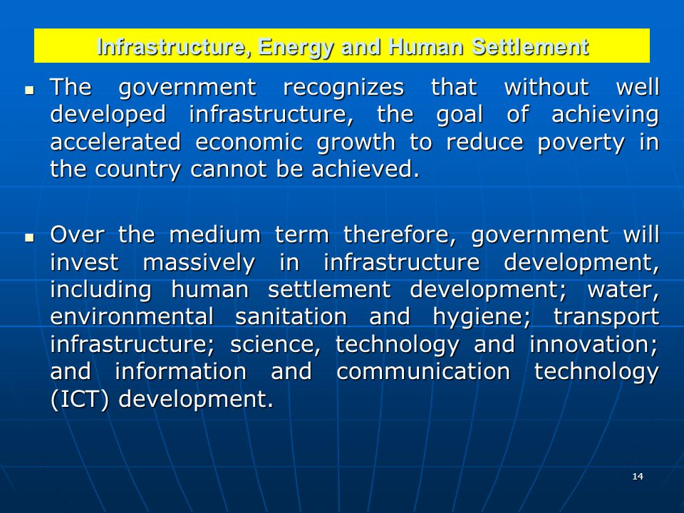 Infrastructure, Energy and Human Settlement