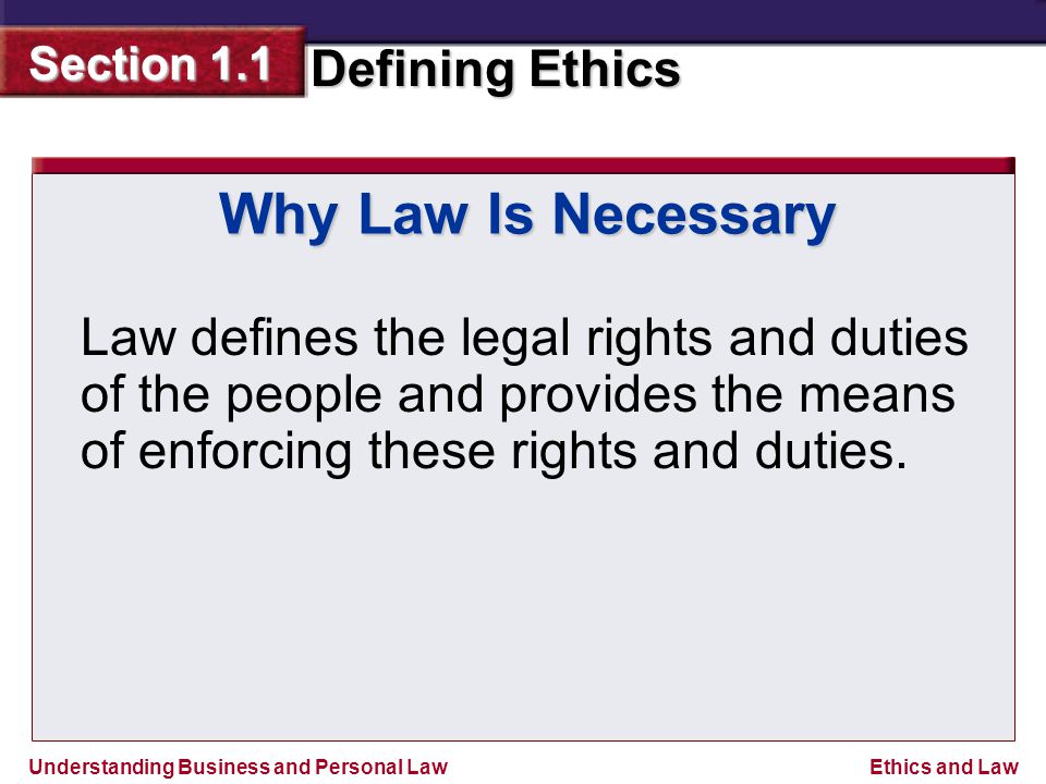 Why Law Is Necessary Law defines the legal rights and duties of the people and provides the means of enforcing these rights and duties.