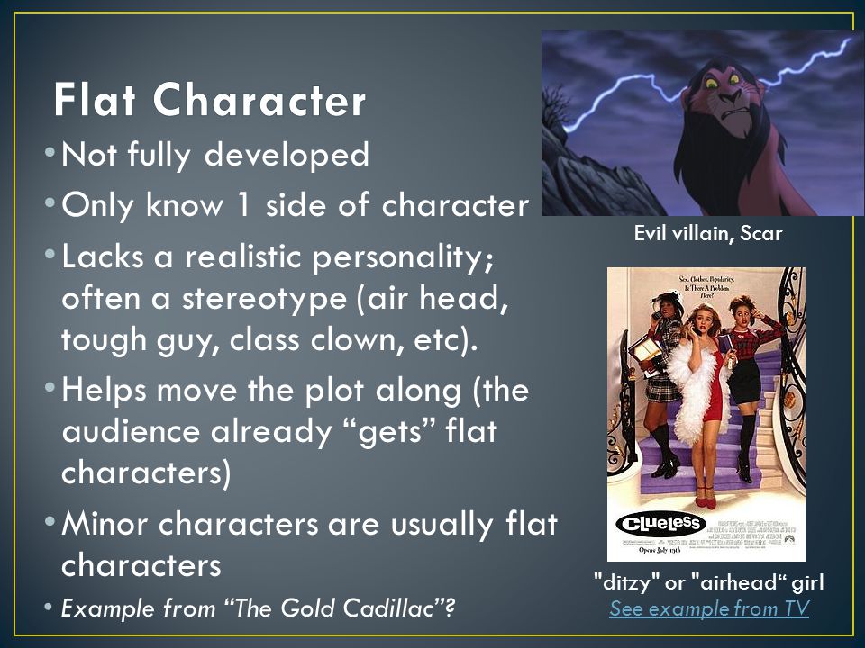 Flat Character Not fully developed Only know 1 side of character