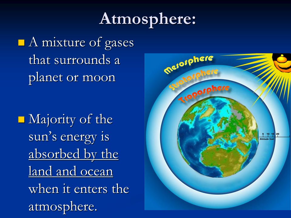 Atmosphere: A mixture of gases that surrounds a planet or moon