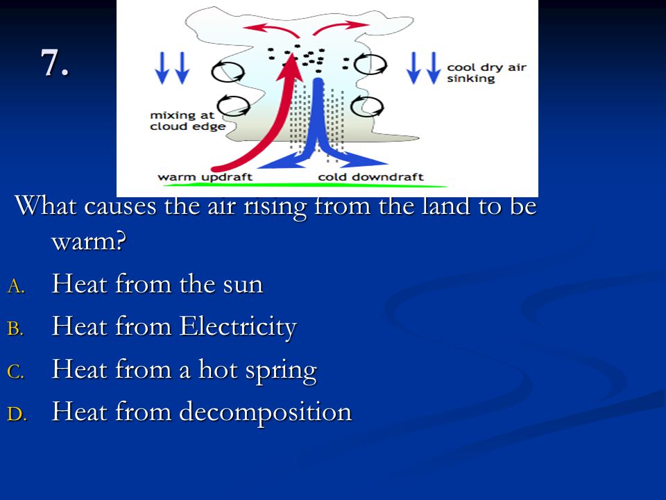 7. What causes the air rising from the land to be warm
