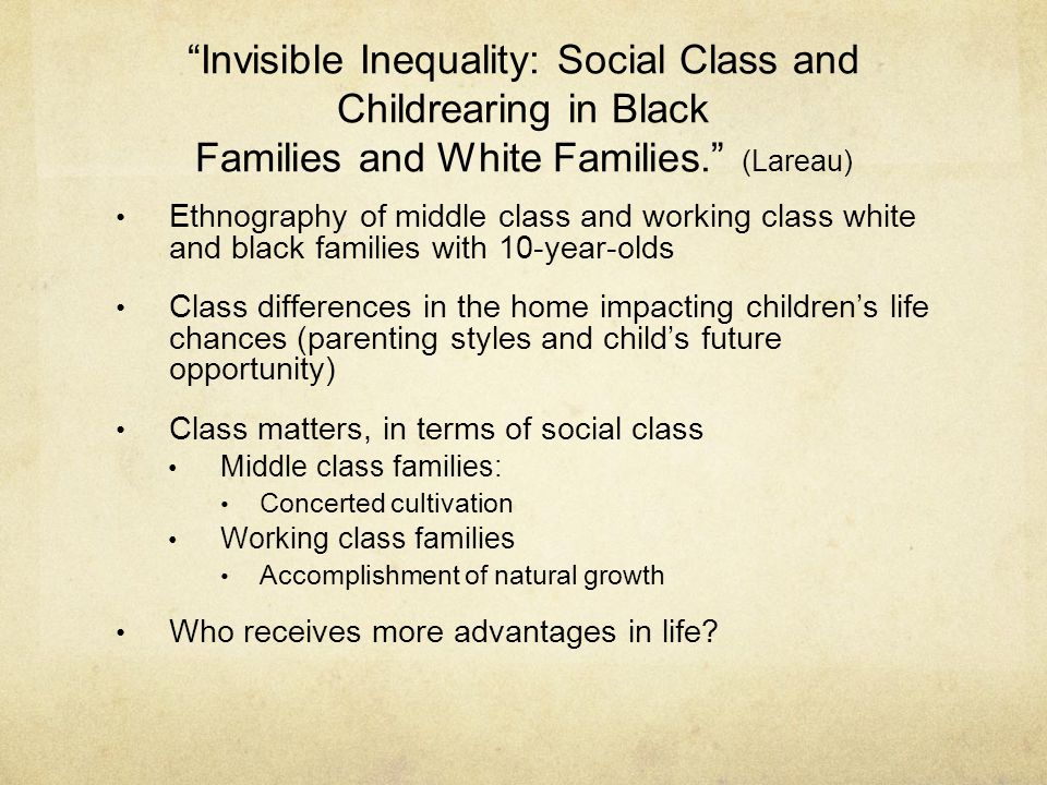 Invisible Inequality: Social Class and Childrearing in Black Families and White Families. (Lareau)