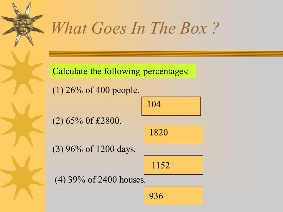 What Goes In The Box Calculate the following percentages: