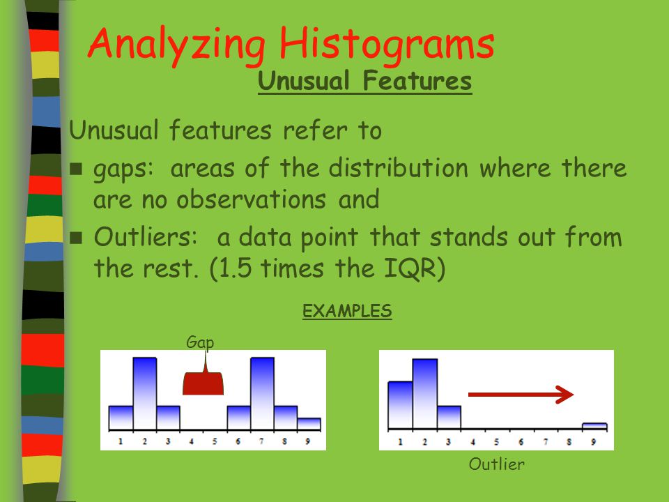 Analyzing Histograms Unusual Features Unusual features refer to