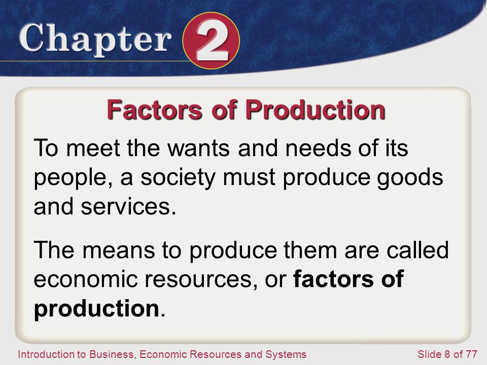 Factors of Production To meet the wants and needs of its people, a society must produce goods and services.