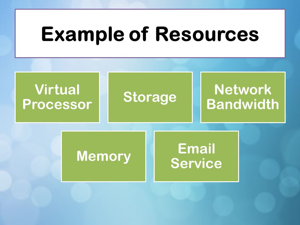 Example of Resources Virtual Processor Storage Network Bandwidth