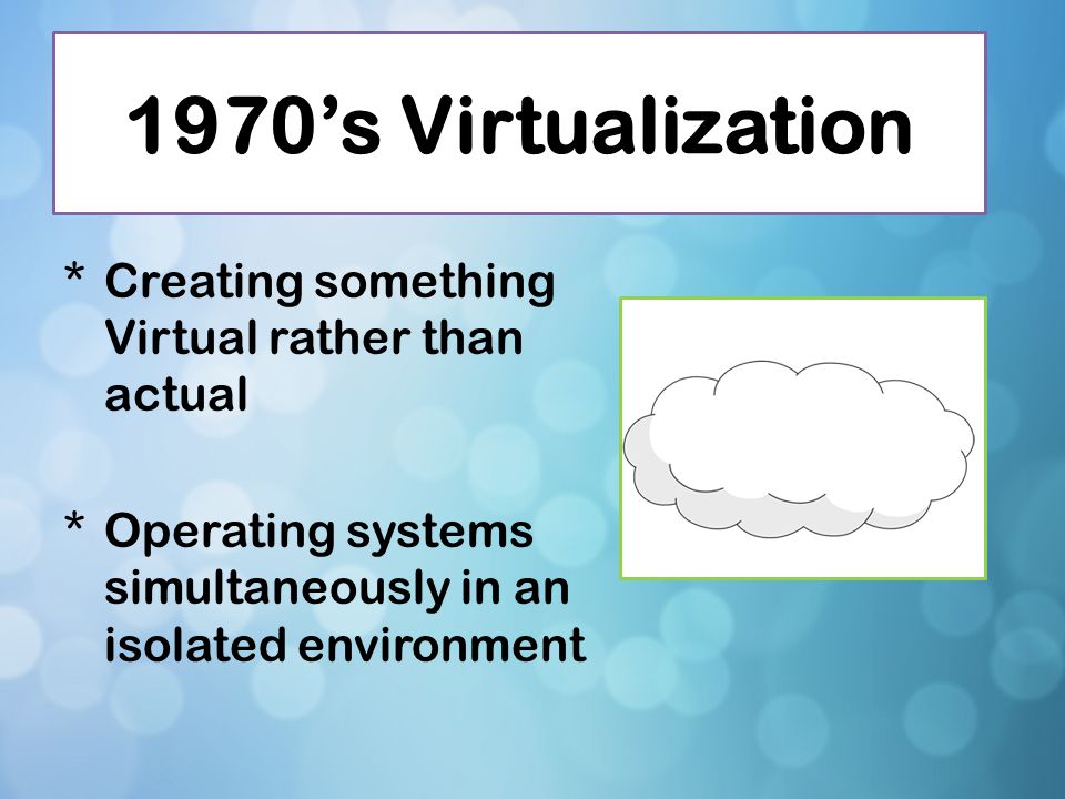 1970’s Virtualization Creating something Virtual rather than actual