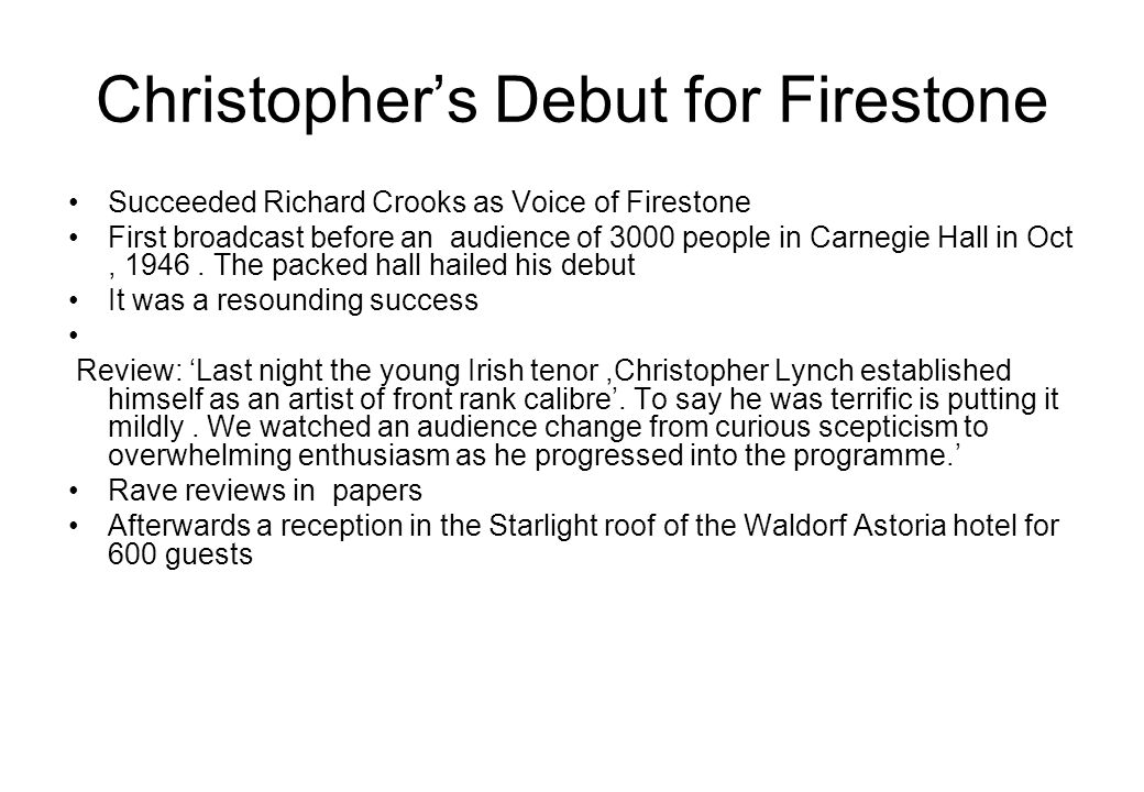 Christopher’s Debut for Firestone