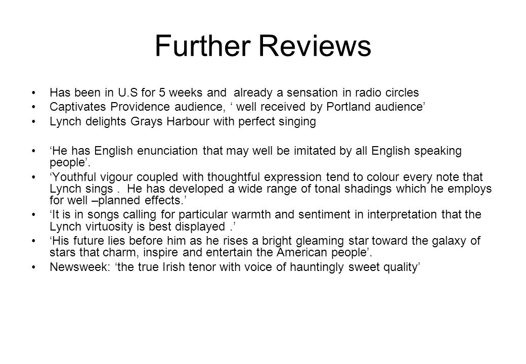 Further Reviews Has been in U.S for 5 weeks and already a sensation in radio circles.