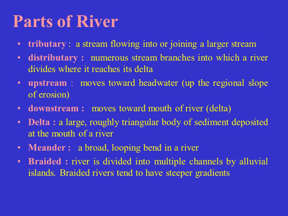 Parts of River tributary : a stream flowing into or joining a larger stream.