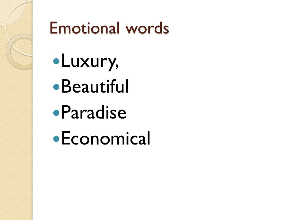Emotional words Luxury, Beautiful Paradise Economical