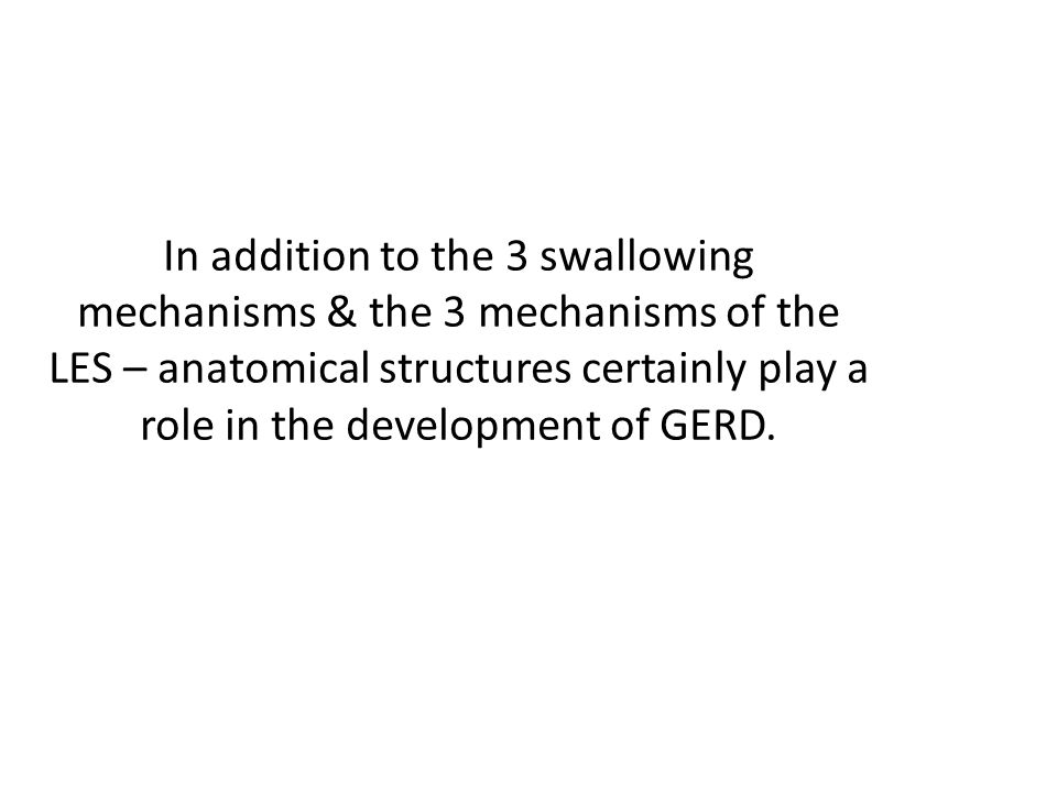 In addition to the 3 swallowing mechanisms & the 3 mechanisms of the LES – anatomical structures certainly play a role in the development of GERD.