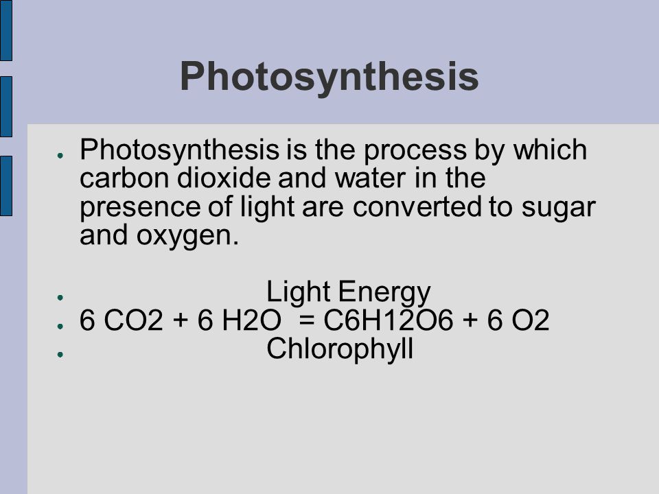 Photosynthesis Photosynthesis is the process by which carbon dioxide and water in the presence of light are converted to sugar and oxygen.