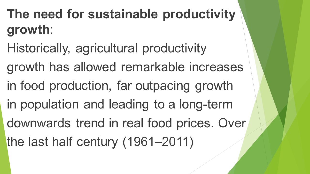 The need for sustainable productivity growth: Historically, agricultural productivity growth has allowed remarkable increases in food production, far outpacing growth in population and leading to a long-term downwards trend in real food prices.